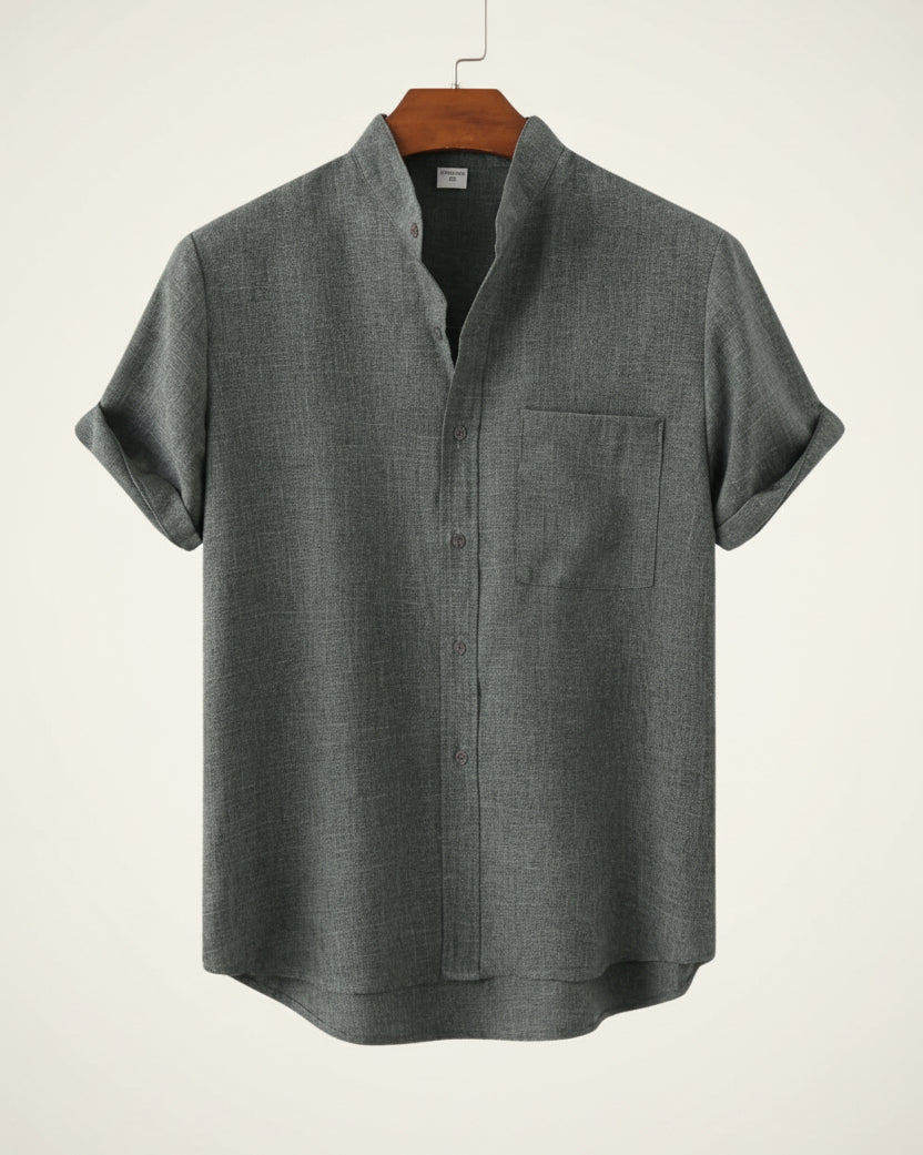 St. Martin Co Sand Linen Mandarin Collar Short-Sleeve Shirt — detail view