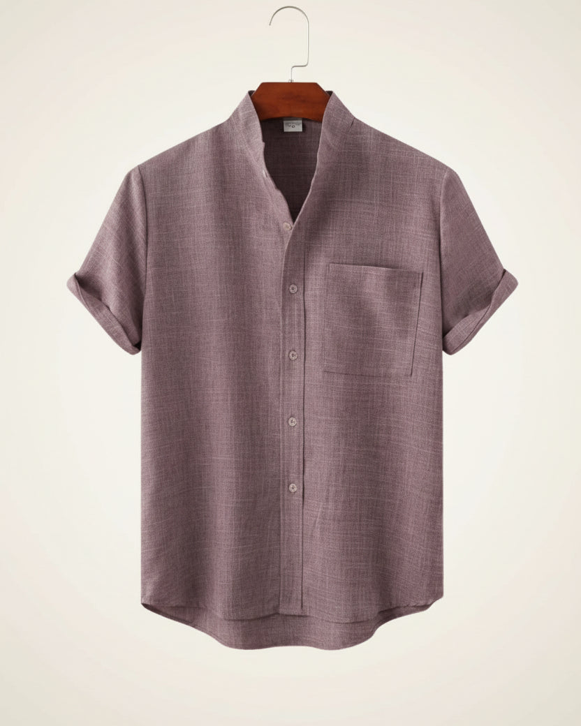 St. Martin Co Sand Linen Mandarin Collar Short-Sleeve Shirt — detail view