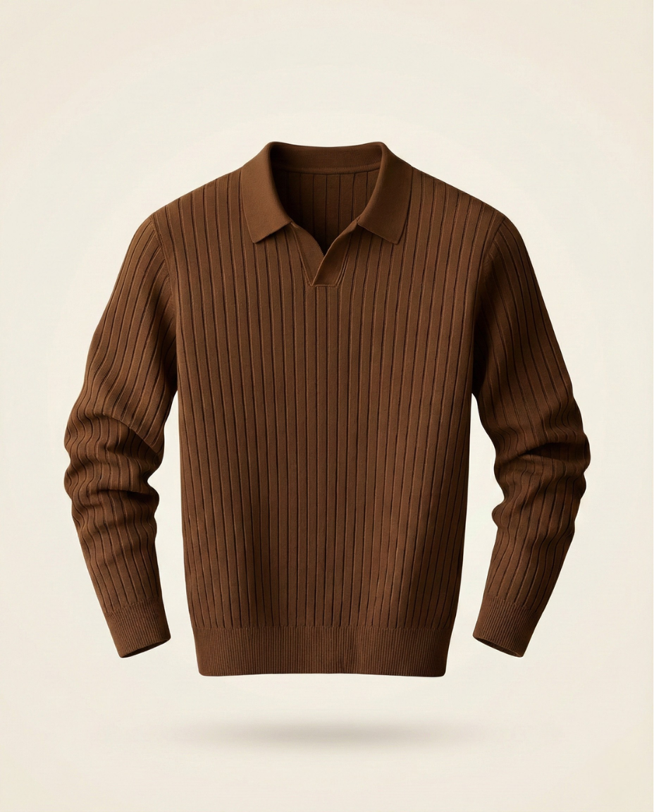 St. Martin Co Ribbed Knit Polo Collar Sweater Tobacco — front view