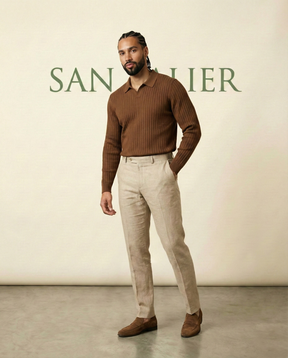 St. Martin Co Ribbed Knit Polo Collar Sweater Tobacco — lifestyle view