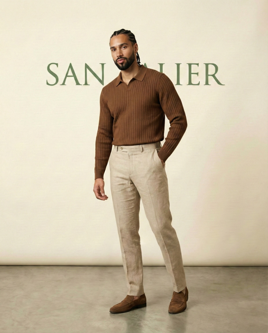 St. Martin Co Ribbed Knit Polo Collar Sweater Tobacco — lifestyle view