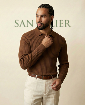 St. Martin Co Ribbed Knit Polo Collar Sweater Tobacco — back view