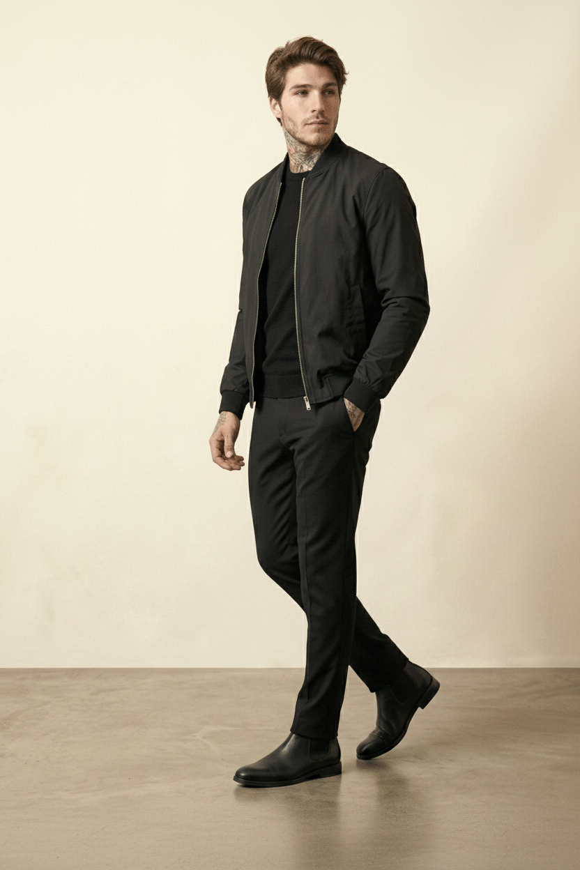 St. Martin Co Black Structured Bomber With Ribbed Trim — detail view