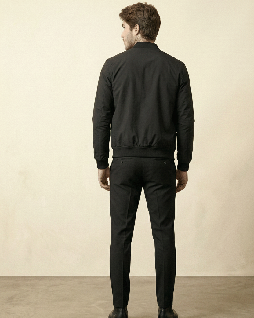 St. Martin Co Black Structured Bomber With Ribbed Trim — detail view