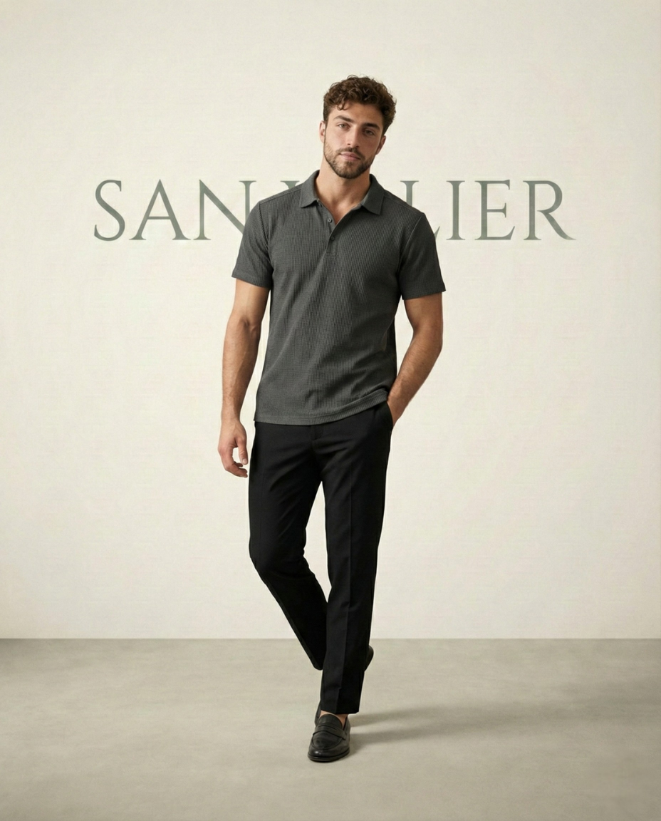 St. Martin Co Charcoal Waffle-Knit Short Sleeve Polo — lifestyle view