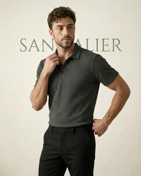 St. Martin Co Charcoal Waffle-Knit Short Sleeve Polo — detail view
