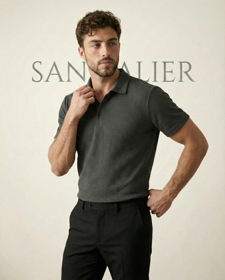 St. Martin Co Charcoal Waffle-Knit Short Sleeve Polo — detail view