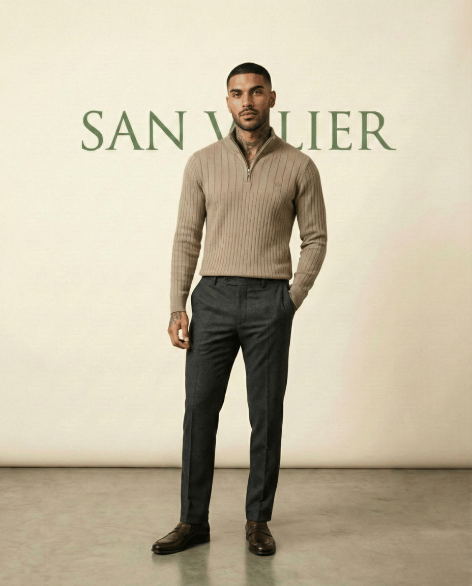 St. Martin Co Ribbed Quarter-Zip Knit in Stone — lifestyle view