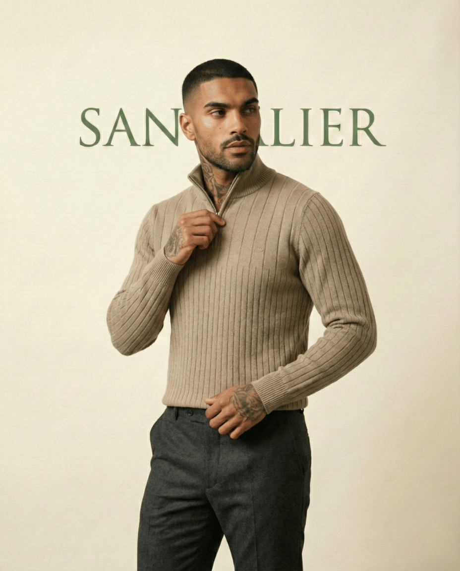 St. Martin Co Ribbed Quarter-Zip Knit in Stone — back view