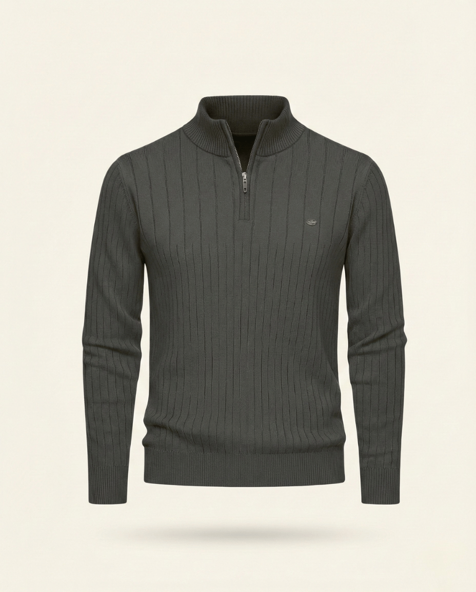 St. Martin Co Ribbed Quarter-Zip Knit in Stone — detail view