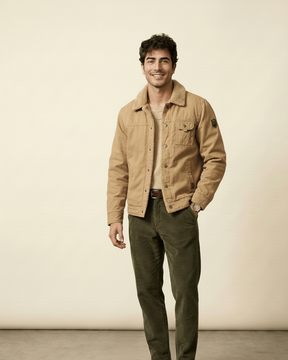 St. Martin Co Tan Canvas Sherpa-Lined Trucker Jacket — detail view