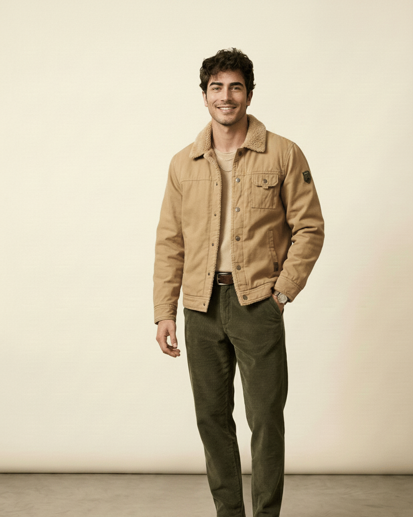 St. Martin Co Tan Canvas Sherpa-Lined Trucker Jacket — detail view