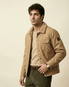 St. Martin Co Tan Canvas Sherpa-Lined Trucker Jacket — side view