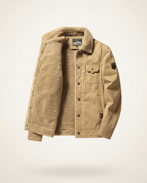 St. Martin Co Tan Canvas Sherpa-Lined Trucker Jacket — front view