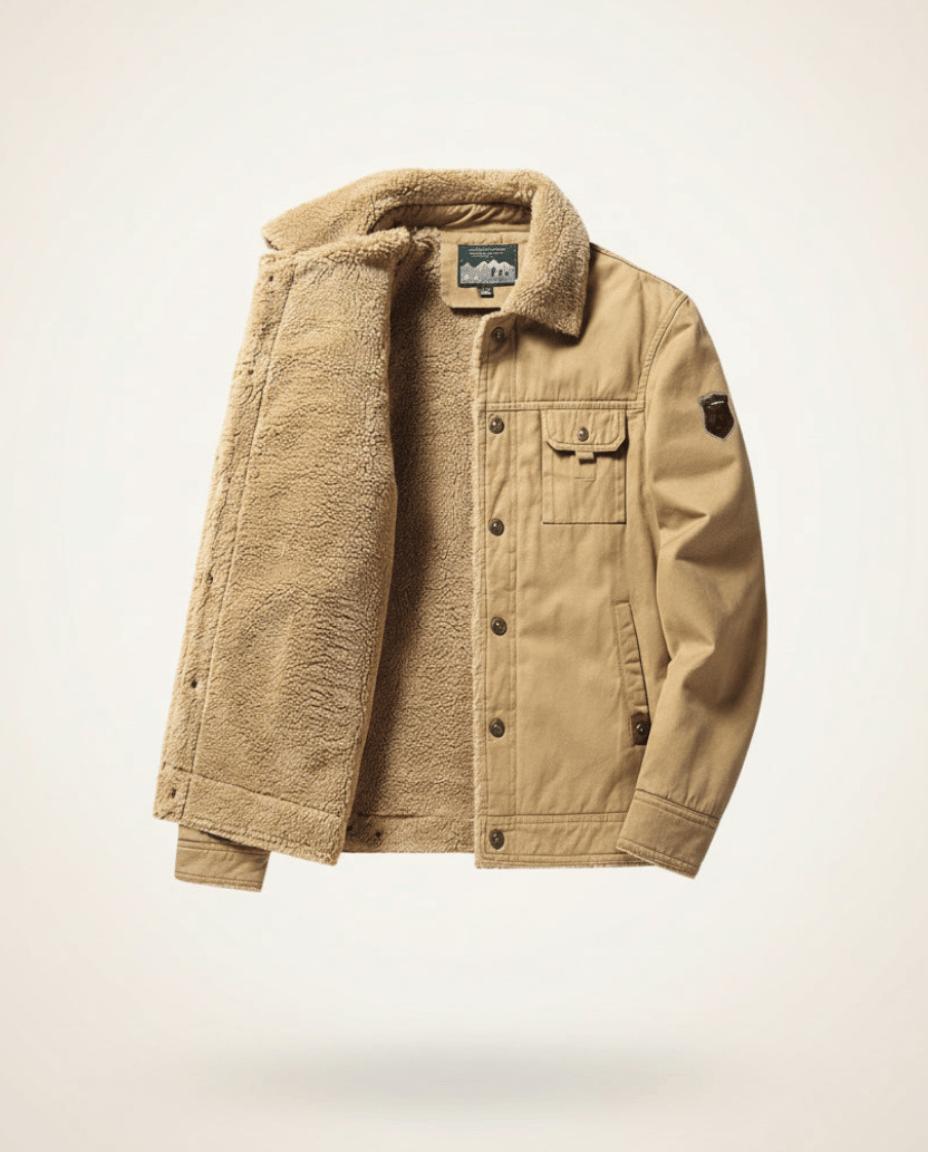 St. Martin Co Tan Canvas Sherpa-Lined Trucker Jacket — front view