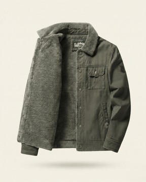St. Martin Co Tan Canvas Sherpa-Lined Trucker Jacket — detail view