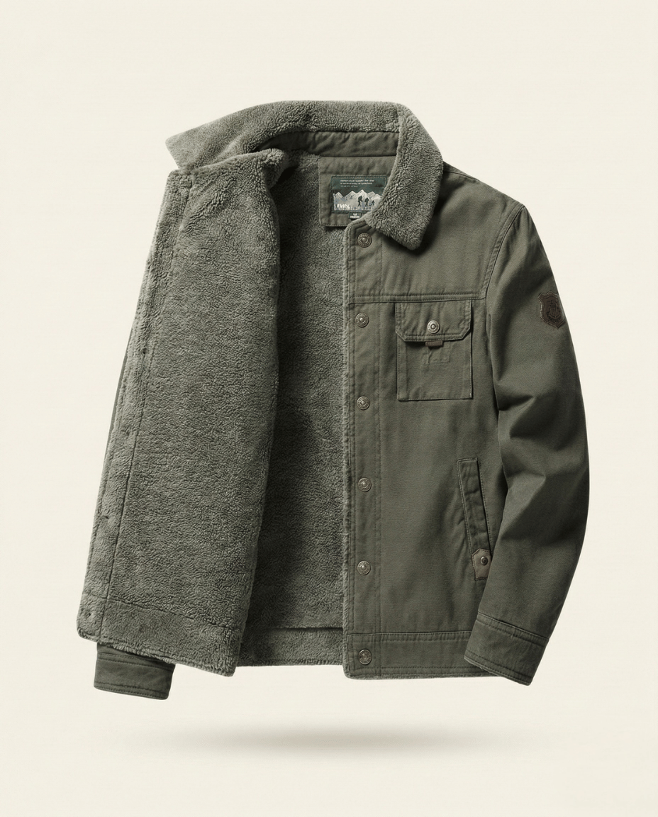 St. Martin Co Tan Canvas Sherpa-Lined Trucker Jacket — detail view