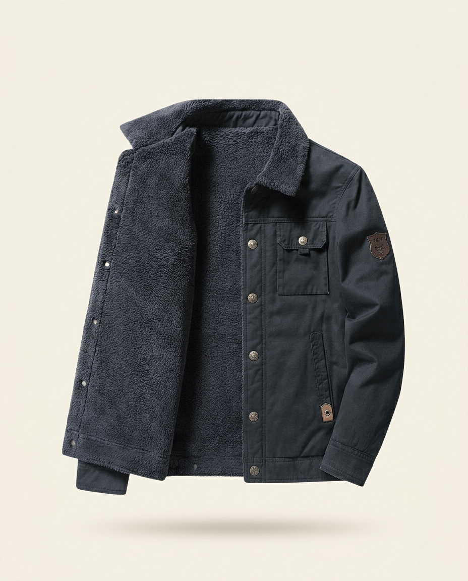 St. Martin Co Tan Canvas Sherpa-Lined Trucker Jacket — detail view