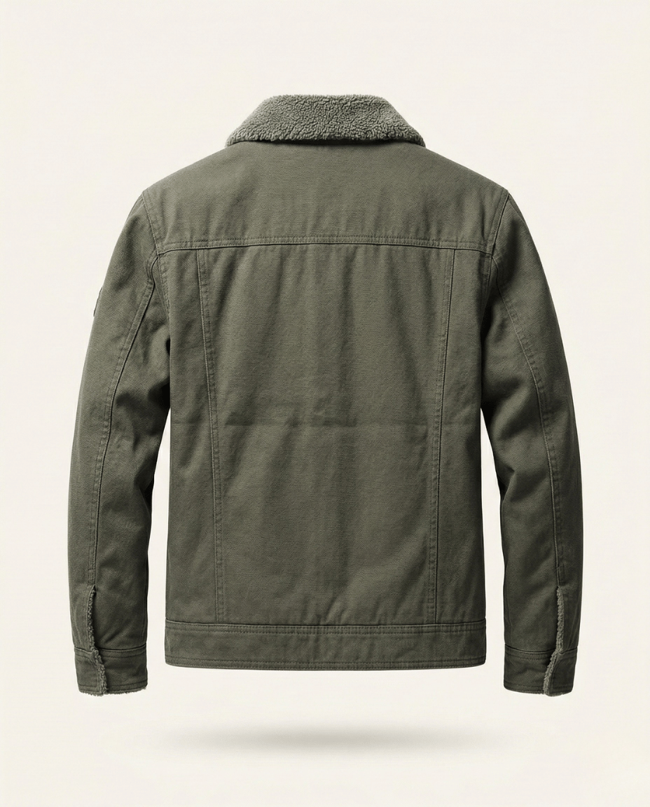 St. Martin Co Tan Canvas Sherpa-Lined Trucker Jacket — detail view