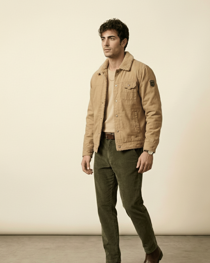 St. Martin Co Tan Canvas Sherpa-Lined Trucker Jacket — detail view