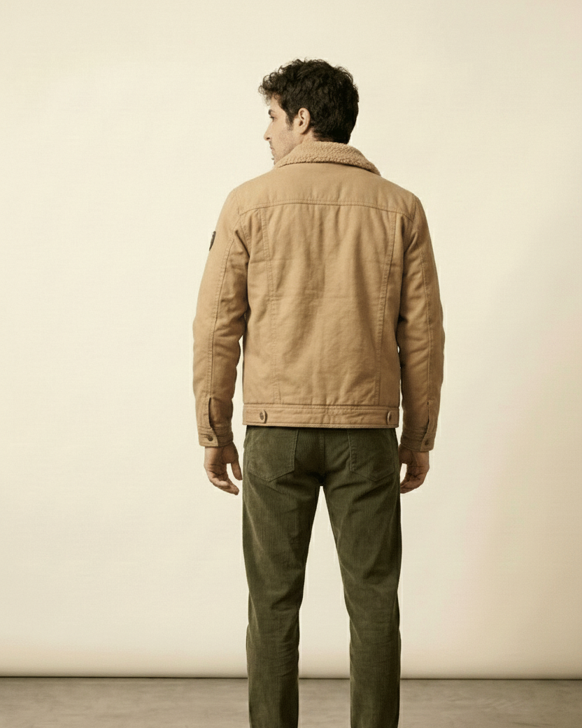 St. Martin Co Tan Canvas Sherpa-Lined Trucker Jacket — lifestyle view