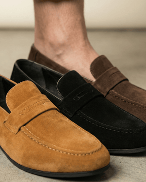 St. Martin Co Tan Suede Penny Loafer Flat Sole — lifestyle view