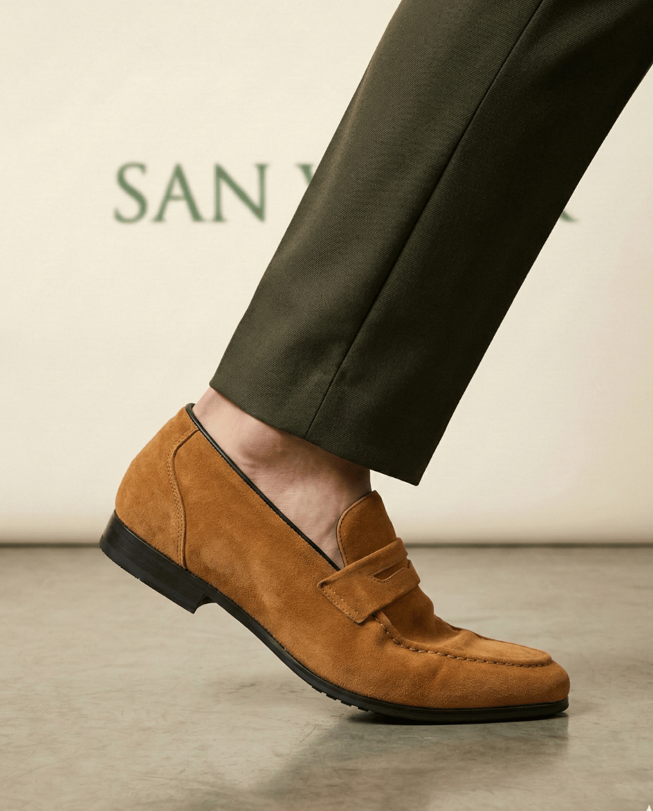 St. Martin Co Tan Suede Penny Loafer Flat Sole — back view
