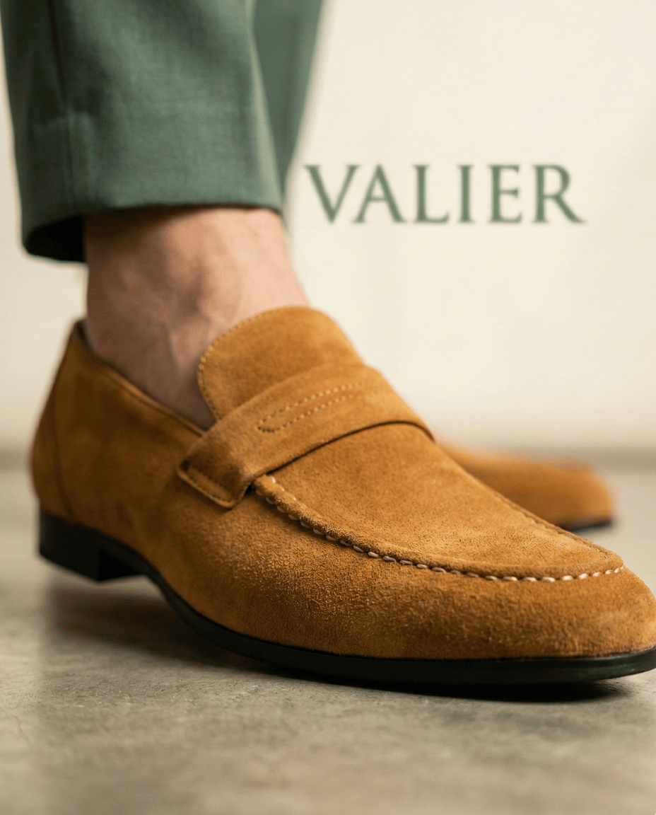 St. Martin Co Tan Suede Penny Loafer Flat Sole — detail view