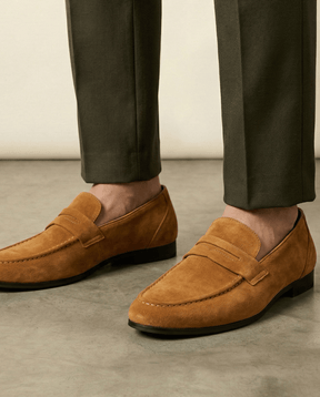 St. Martin Co Tan Suede Penny Loafer Flat Sole — detail view
