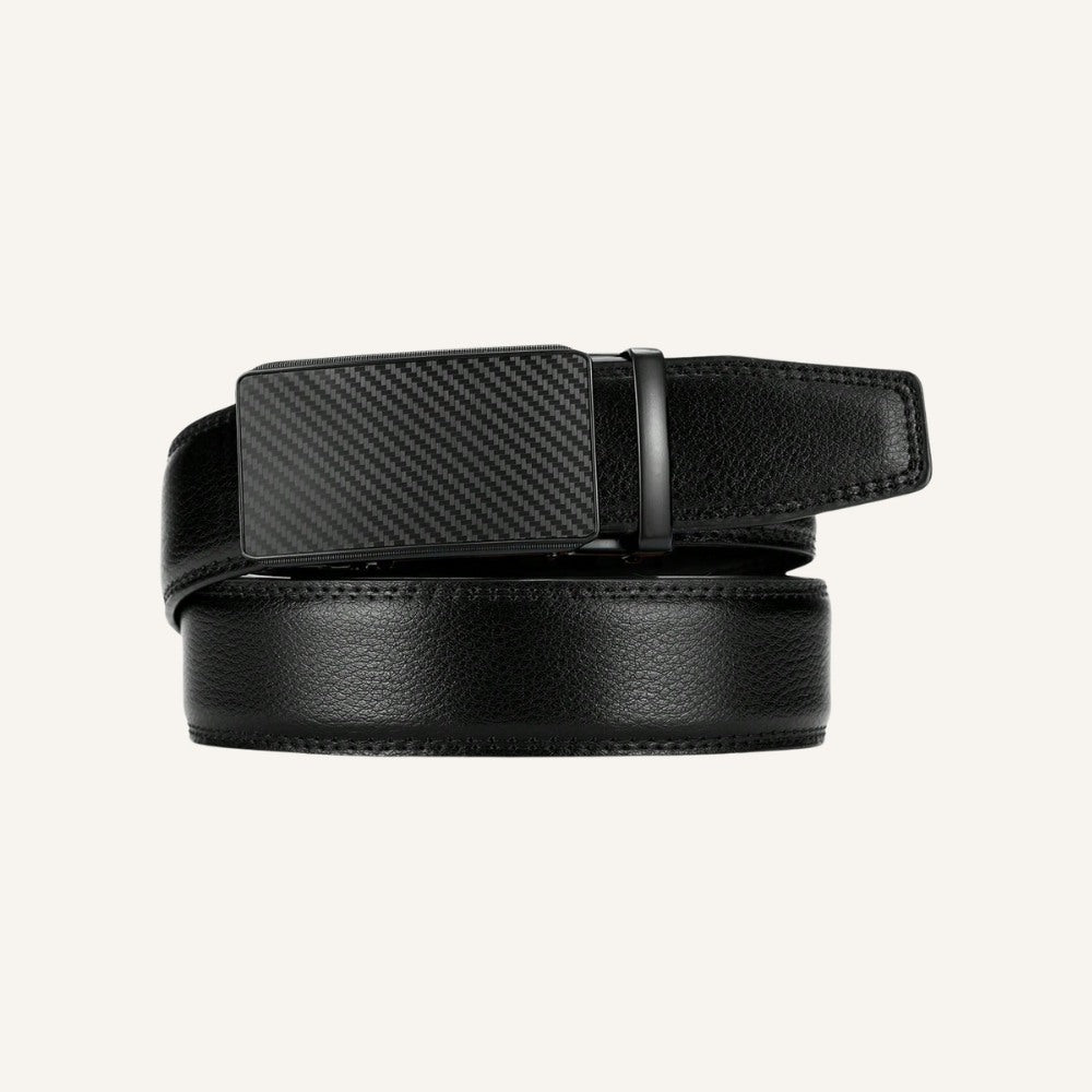 St. Martin Co Black Leather Belt Carbon-Weave Ratchet Buckle — side view