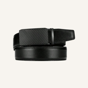 St. Martin Co Black Leather Belt Carbon-Weave Ratchet Buckle — side view