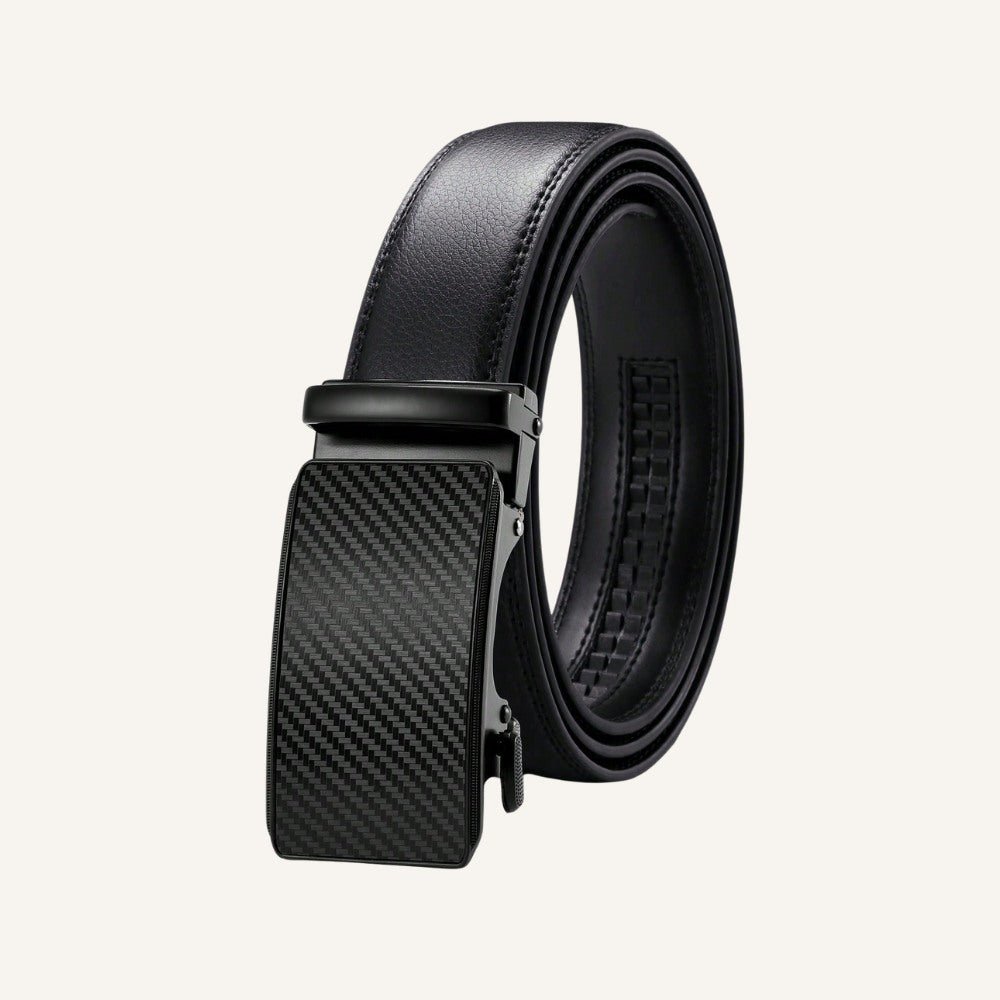 St. Martin Co Black Leather Belt Carbon-Weave Ratchet Buckle — front view