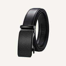 St. Martin Co Black Leather Belt Carbon-Weave Ratchet Buckle — front view