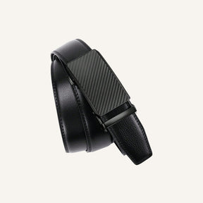 St. Martin Co Black Leather Belt Carbon-Weave Ratchet Buckle — detail view