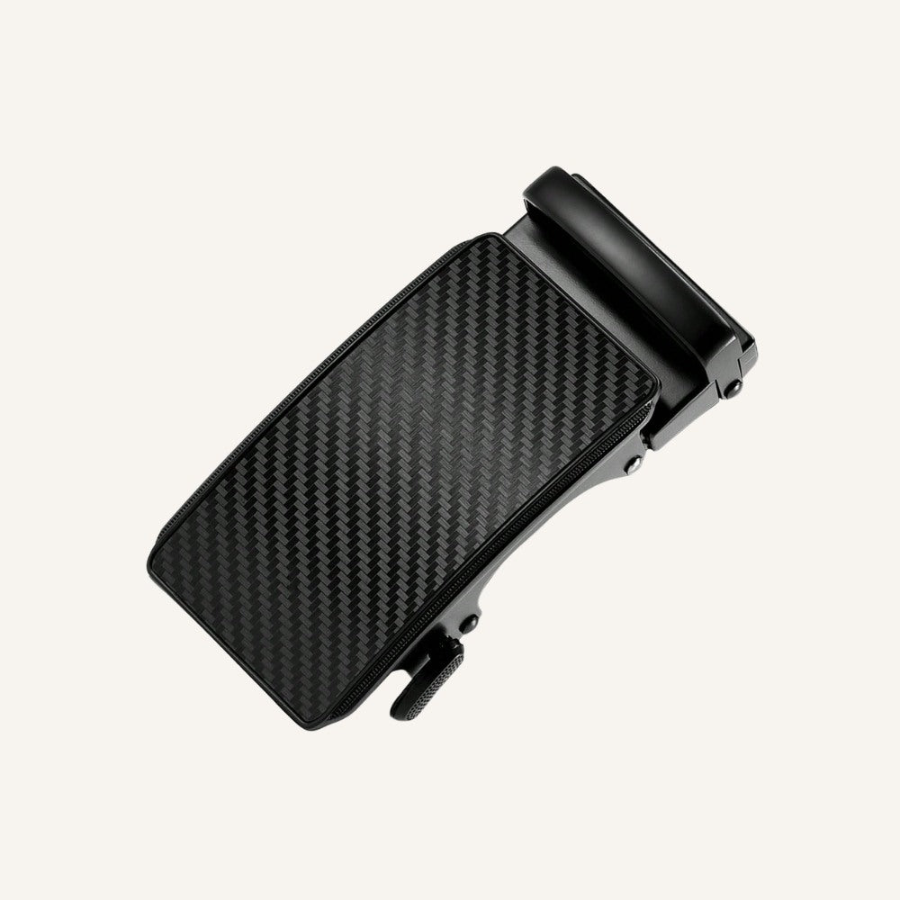 St. Martin Co Black Leather Belt Carbon-Weave Ratchet Buckle — lifestyle view