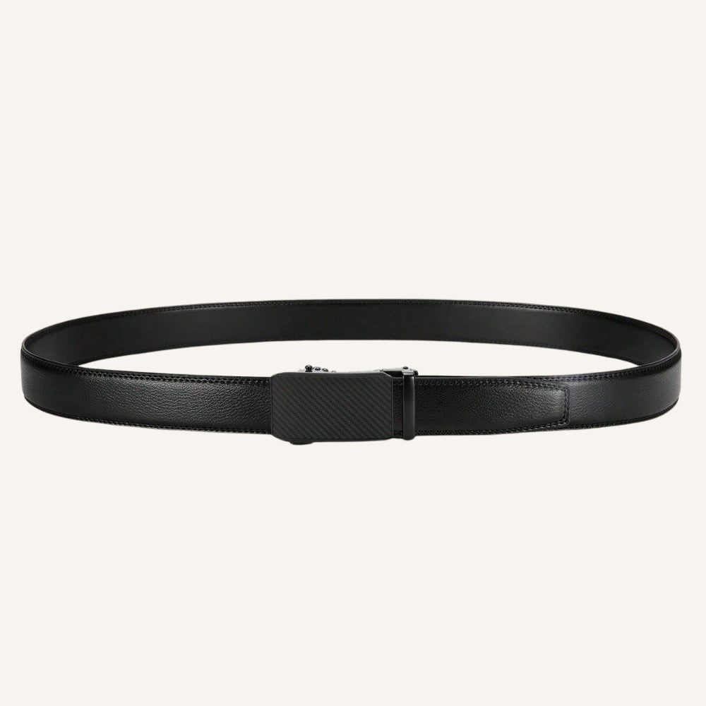 St. Martin Co Black Leather Belt Carbon-Weave Ratchet Buckle — detail view