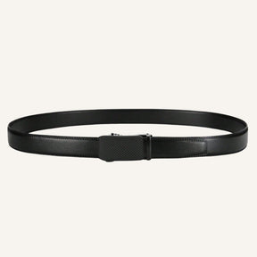 St. Martin Co Black Leather Belt Carbon-Weave Ratchet Buckle — detail view
