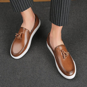 St. Martin Co Tan Tassel Loafer Flatform Sole — lifestyle view
