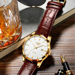 St. Martin Co White Dial Quartz Watch Brown Leather Strap — side view