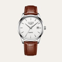 St. Martin Co White Dial Quartz Watch Brown Leather Strap — front view