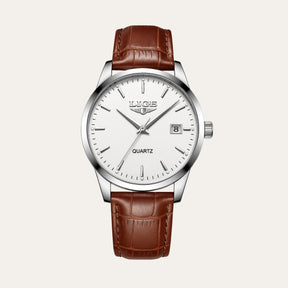 St. Martin Co White Dial Quartz Watch Brown Leather Strap — front view