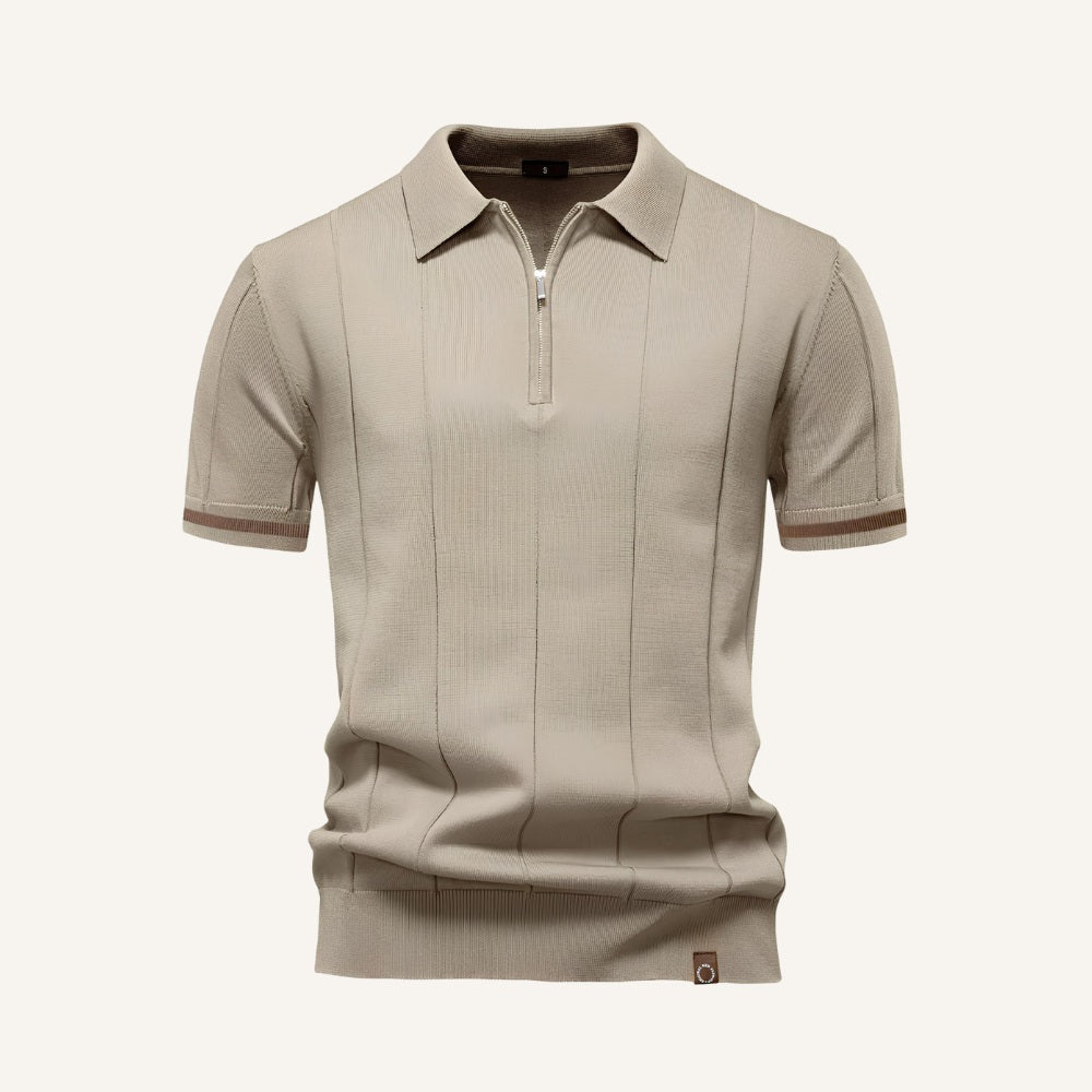 St. Martin Co Camel Zip-Neck Ribbed Knit Polo — detail view