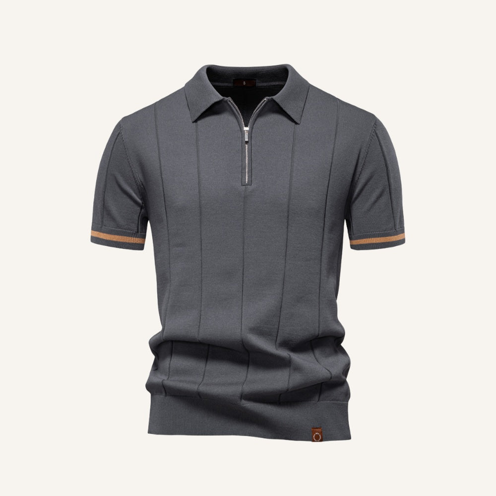 St. Martin Co Camel Zip-Neck Ribbed Knit Polo — detail view