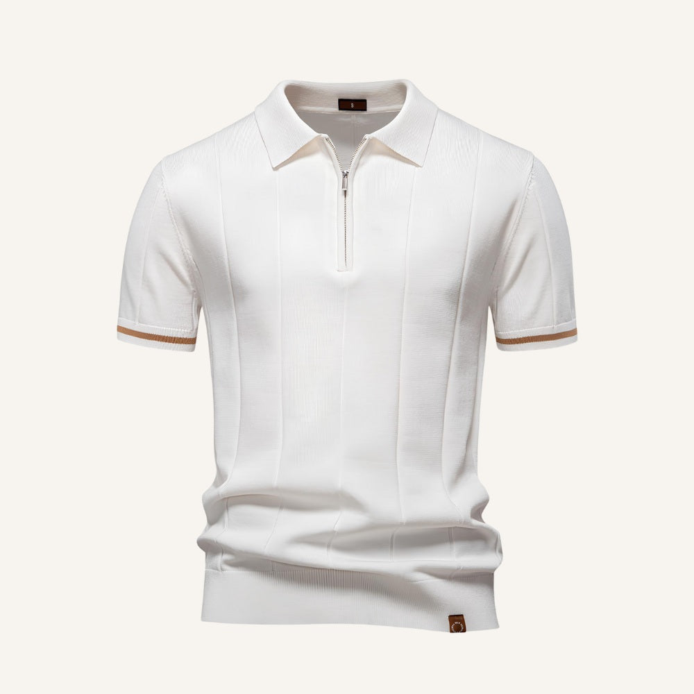 St. Martin Co Camel Zip-Neck Ribbed Knit Polo — lifestyle view