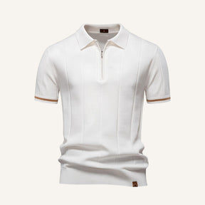 St. Martin Co Camel Zip-Neck Ribbed Knit Polo — lifestyle view