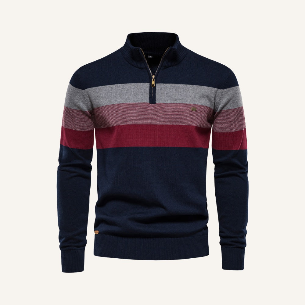 St. Martin Co Broad-Stripe Quarter-Zip Knit in Navy — front view