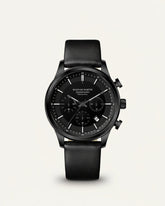 St. Martin Co All-Black Chronograph with Leather Strap — front view