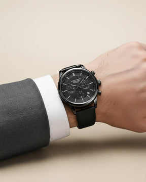 St. Martin Co All-Black Chronograph with Leather Strap — back view