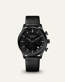 St. Martin Co All-Black Chronograph with Leather Strap — front view
