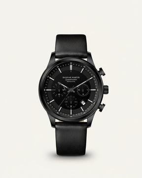St. Martin Co All-Black Chronograph with Leather Strap — front view